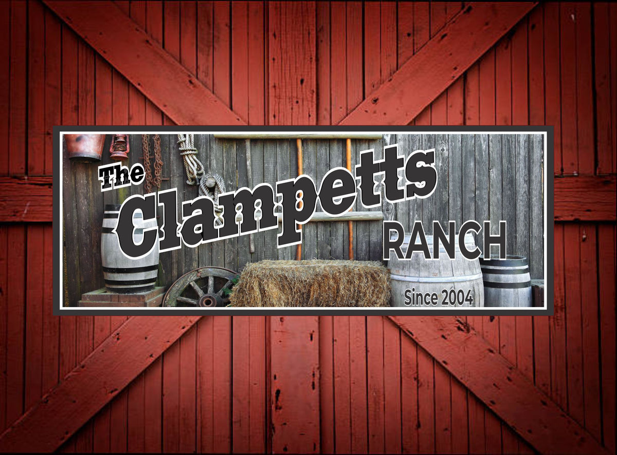 Custom Barn Sign: Rustic Aged Wood Wall, Barrels & Farm Tools Decor ...