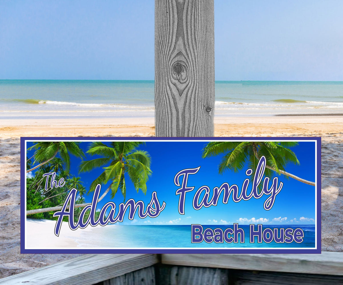 Personalized Beach House Sign: Ocean, Beach & Palm Trees| Fun Sign Factory