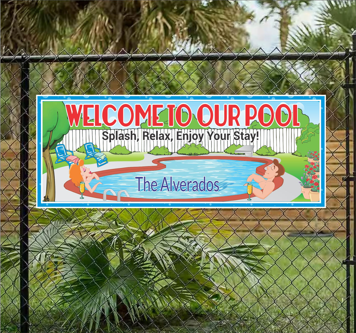 Customizable Pool Welcome Sign with Couple & Backyard Scene| Fun Sign ...