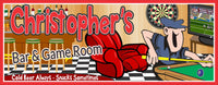 Personalized Bar & Game Room Sign featuring a pool table, dart board, bar stools, and checkered floor, with cartoon pool player and customizable text.