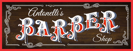 Retro barber shop sign in red, white, and blue with a weathered wood background, featuring the non-editable word 'Barber' and customizable text areas.