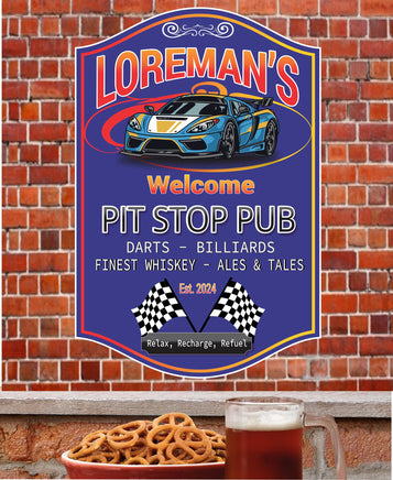 Personalized bar sign featuring a race car, checkered flags, and a vibrant blue background with customizable text areas for a Pit Stop Pub theme.