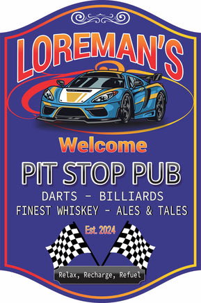 Personalized bar sign featuring a race car, checkered flags, and a vibrant blue background with customizable text areas for a Pit Stop Pub theme.