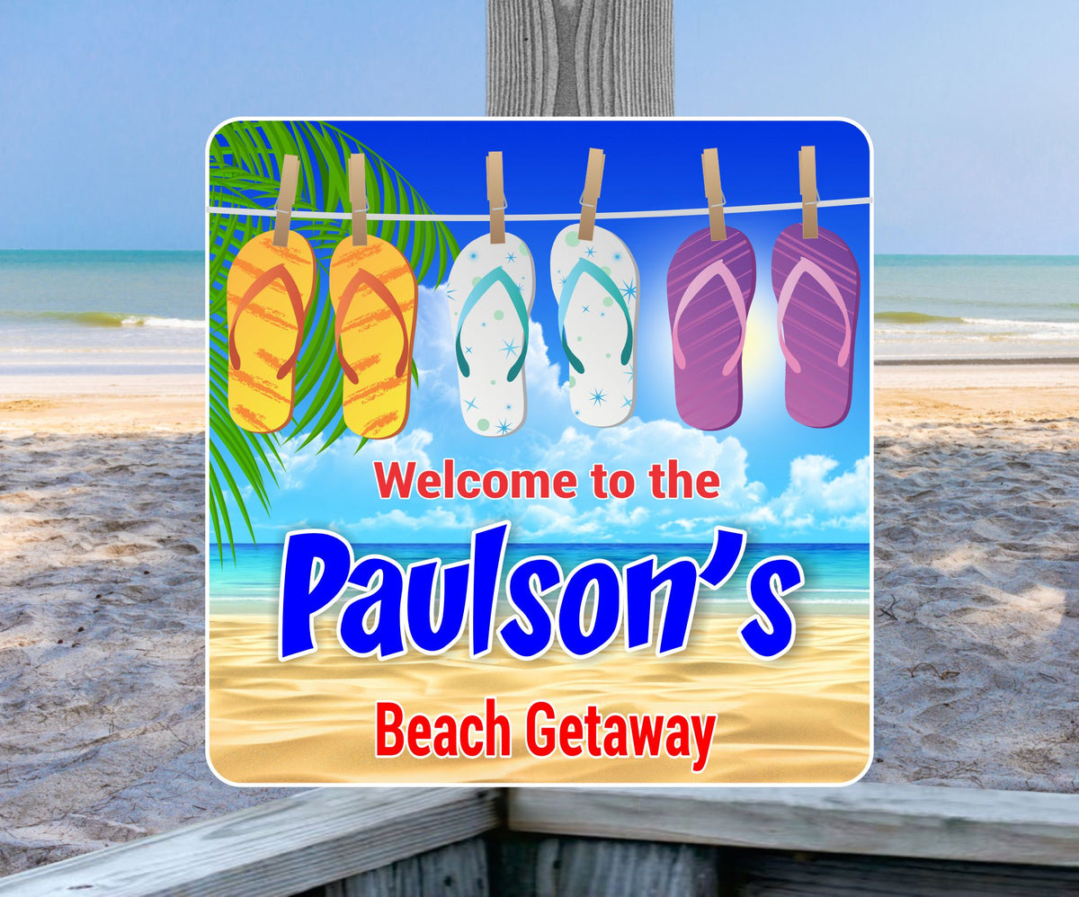 Personalized Beach Welcome Sign with Flip Flops & Ocean View| Fun Sign ...