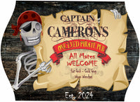 Personalized One Eyed Pirate Pub home bar sign featuring an eye-patch wearing skeleton on parchment paper and wood plank background, with editable text.