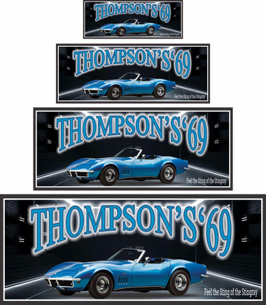 Personalized blue 1969 Chevrolet Stingray sign with editable text.