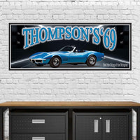 Personalized blue 1969 Chevrolet Stingray sign with editable text.