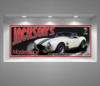 Personalized 1966 Shelby Cobra sign featuring a white classic car with racing stripes and fully editable text.