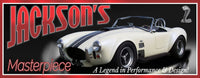 Personalized 1966 Shelby Cobra sign featuring a white classic car with racing stripes and fully editable text.