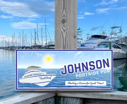 Personalized portside pub or dock sign, featuring nautical elements and customizable text, ideal for maritime-themed decor.