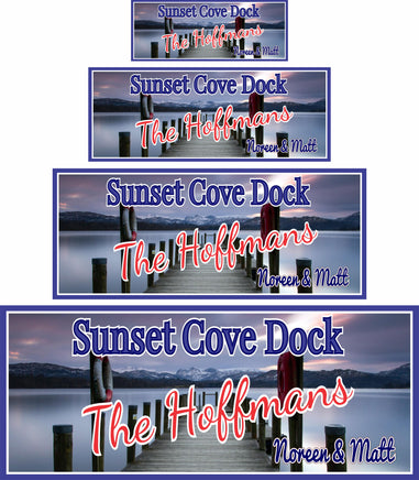 Personalized dock sign featuring a wood pier and life preserver on a calm lake, with fully editable text.