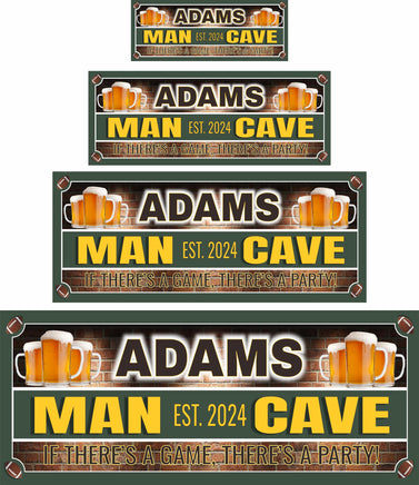 Customizable man cave sign featuring beer steins, established date, and editable text with sports team colors and your choice of beer.