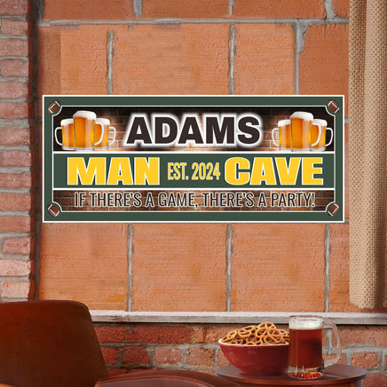 Customizable man cave sign featuring beer steins, established date, and editable text with sports team colors and your choice of beer.