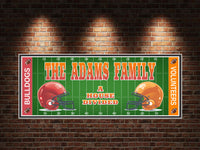 Custom House Divided Sports Sign featuring a football field, helmets, and team colors with fully editable text.