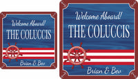 Custom Welcome Aboard boat sign featuring a ship wheel and anchor border, available in rectangular or square shapes.