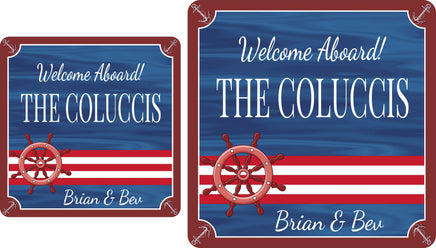 Custom Welcome Aboard boat sign featuring a ship wheel and anchor border, available in rectangular or square shapes.