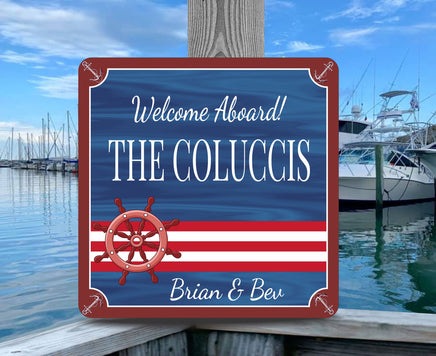 Custom Welcome Aboard boat sign featuring a ship wheel and anchor border, available in rectangular or square shapes.