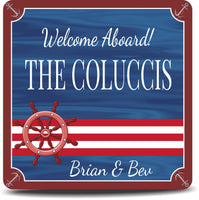 Custom Welcome Aboard boat sign featuring a ship wheel and anchor border, available in rectangular or square shapes.