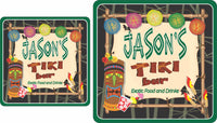 Personalized Exotic Tiki Bar sign featuring a tribal tiki mask, party lanterns, bamboo frame, and tiki torches, with customizable name and bottom text.