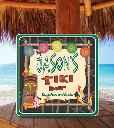 Personalized Exotic Tiki Bar sign featuring a tribal tiki mask, party lanterns, bamboo frame, and tiki torches, with customizable name and bottom text.