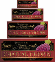 Personalized Wine Chateau Welcome Sign featuring grape motifs and elegant flourishes in purple and gold, with fully editable text for customization.