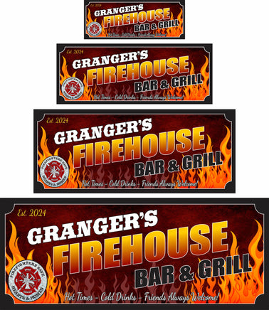 Personalized Firehouse Bar & Grill sign featuring a Fire Rescue emblem, flame background, and editable text including name and established date, perfect for home bar decor.