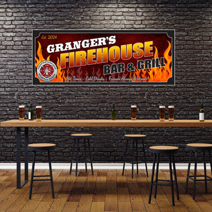 Personalized Firehouse Bar & Grill sign featuring a Fire Rescue emblem, flame background, and editable text including name and established date, perfect for home bar decor.