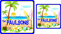 Cartoon-style personalized tropical island sign featuring coconut cocktail, palm trees, beach sunset, surfboards, and a life preserver, with editable text options.