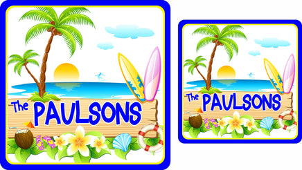 Cartoon-style personalized tropical island sign featuring coconut cocktail, palm trees, beach sunset, surfboards, and a life preserver, with editable text options.