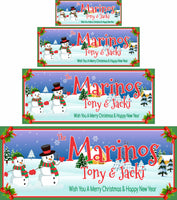 Personalized Christmas sign featuring Mr. and Mrs. Snowman with editable text lines for custom holiday greetings or family names.