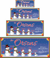 Personalized Christmas sign featuring a customizable snowman family and their pet, with options to add or subtract family members and pets.