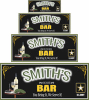 Personalized army bar sign with custom name, featuring a smoking cigar, wine glass, beret, and insignia on a table, glowing neon-style letters.