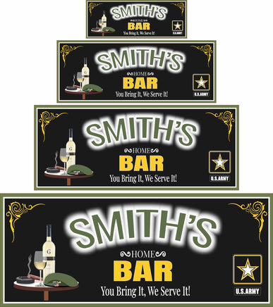 Personalized army bar sign with custom name, featuring a smoking cigar, wine glass, beret, and insignia on a table, glowing neon-style letters.