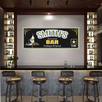 Personalized army bar sign with custom name, featuring a smoking cigar, wine glass, beret, and insignia on a table, glowing neon-style letters.