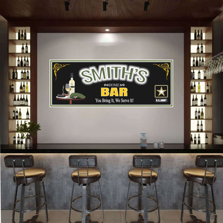 Personalized army bar sign with custom name, featuring a smoking cigar, wine glass, beret, and insignia on a table, glowing neon-style letters.