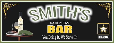 Personalized army bar sign with custom name, featuring a smoking cigar, wine glass, beret, and insignia on a table, glowing neon-style letters.