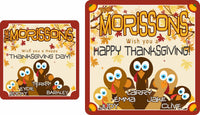 Personalized Thanksgiving sign with a turkey family, fall leaves, pumpkins in each corner, and editable text lines.