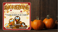 Personalized Thanksgiving sign with a turkey family, fall leaves, pumpkins in each corner, and editable text lines.