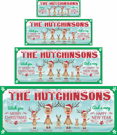 Personalized Christmas sign featuring a reindeer family with pets, decorated with white snowflakes, jingle bells, and a custom name in a snow-covered font. All text lines are editable, and the design includes reindeer labeled with family members' names and "reindeer" pets.