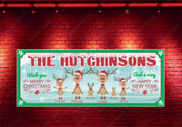 Personalized Christmas sign featuring a reindeer family with pets, decorated with white snowflakes, jingle bells, and a custom name in a snow-covered font. All text lines are editable, and the design includes reindeer labeled with family members' names and "reindeer" pets.