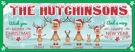 Personalized Christmas sign featuring a reindeer family with pets, decorated with white snowflakes, jingle bells, and a custom name in a snow-covered font. All text lines are editable, and the design includes reindeer labeled with family members' names and "reindeer" pets.