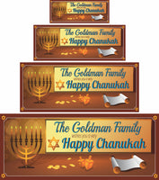 Happy Chanukah personalized holiday sign with a scroll, dreidels, menorah, and gold coins. Editable text lines for family name and special message.