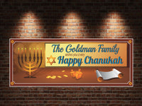 Happy Chanukah personalized holiday sign with a scroll, dreidels, menorah, and gold coins. Editable text lines for family name and special message.