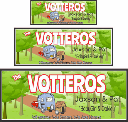 Personalized sign featuring a red pickup truck towing a 5th wheel and a dog house with the caption "Wherever We Roam, We Are Home." All lines of text are editable, including family name, first names, and pets' names.