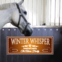 Personalized gold horse stall sign featuring horseshoes and a country star. All lines of text are editable. The small size sign includes only two lines of text. Perfect for adding a touch of elegance to your stable.