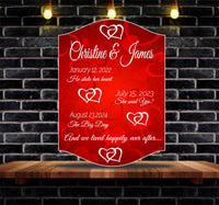 Romantic personalized sign for couples featuring custom names, three important dates, and the quote "and we lived happily ever after" on a rich red background with interlocking heart illustrations. All lines of text are editable. Perfect for weddings, anniversaries, or Valentine's Day gifts.
