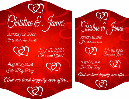 Romantic personalized sign for couples featuring custom names, three important dates, and the quote "and we lived happily ever after" on a rich red background with interlocking heart illustrations. All lines of text are editable. Perfect for weddings, anniversaries, or Valentine's Day gifts.