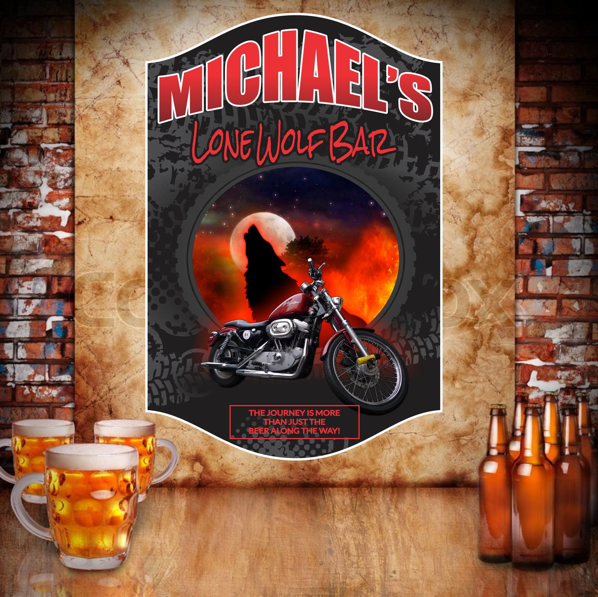 Personalized Biker Sign with Howling Wolf, Full Moon, and Motorcycle ...