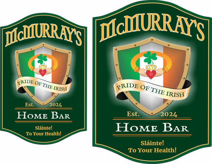 Personalized Irish bar sign with editable text, featuring the Irish flag, a Claddagh ring, and the quote "To your health!" on a rich green background. Perfect for home bars or Irish pubs.