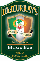 Personalized Irish bar sign with editable text, featuring the Irish flag, a Claddagh ring, and the quote "To your health!" on a rich green background. Perfect for home bars or Irish pubs.